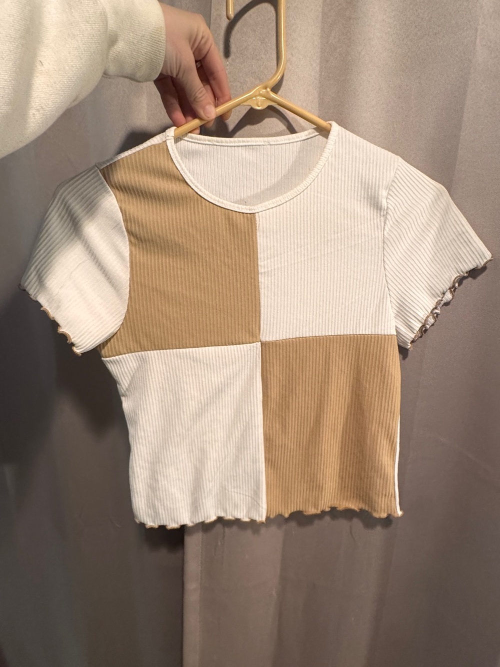 Colorblock Ribbed Short Sleeve Tee - White & Tan